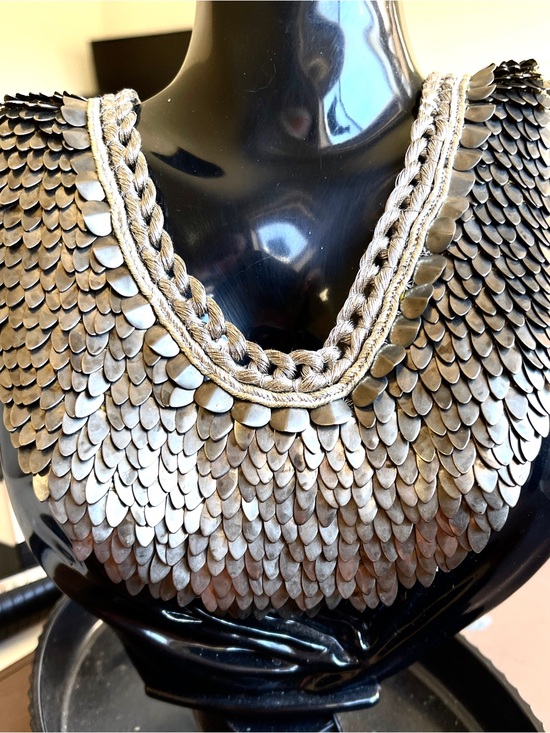 U.S. Vintage Jewelry - Vintage Cleopatra-Style Handmade Bib Necklace Handwoven Silver Tone Scales